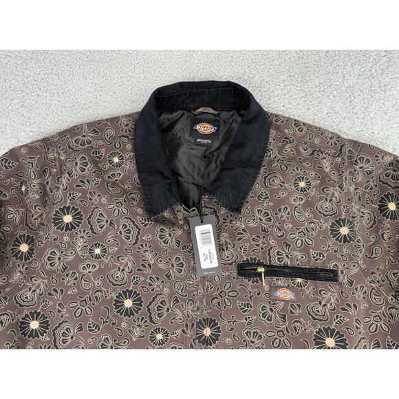 DICKIES Ellis Floral Print Duck Brown Canvas Mens XL Jacket Corduroy Collar - Picture 2 of 16